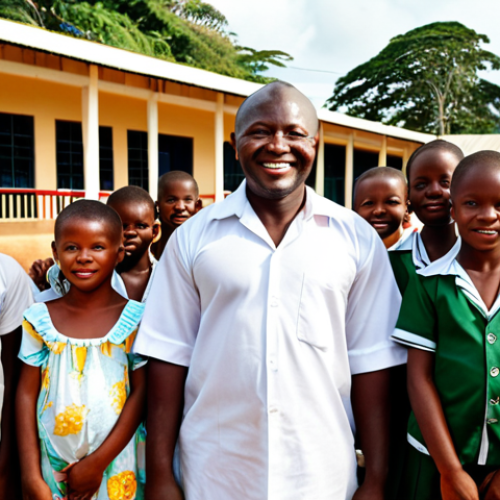 **Image:** A determined President of Sierra Leone standing in front of a newly built school in Makeni, surrounded by smiling children and teachers. The school is modern and well-equipped. Sunlight filters through the trees. The overall tone is hopeful and inspiring. Include elements of Sierra Leonean culture in the clothing and setting. Style: Photorealistic, vibrant colors.