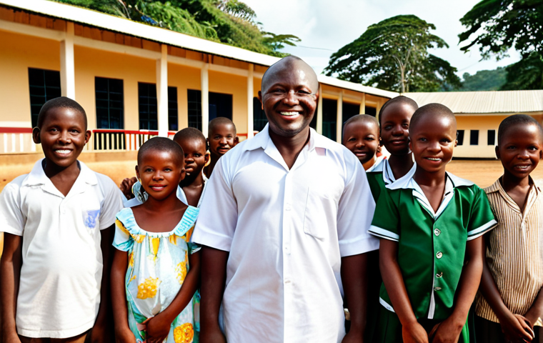 **Image:** A determined President of Sierra Leone standing in front of a newly built school in Makeni, surrounded by smiling children and teachers. The school is modern and well-equipped. Sunlight filters through the trees. The overall tone is hopeful and inspiring. Include elements of Sierra Leonean culture in the clothing and setting. Style: Photorealistic, vibrant colors.