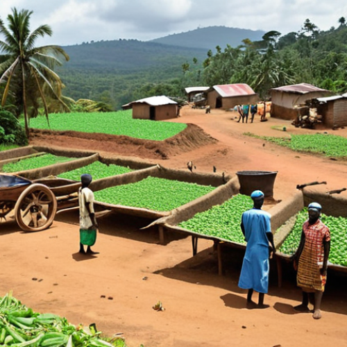 **

"A rural village in Sierra Leone, Kono district. Farmers are struggling, unable to access real-time market prices for their crops. Depict a scene of hardship and isolation, highlighting the lack of internet connectivity. Focus on the contrast between traditional farming methods and the potential for modern technology."

**