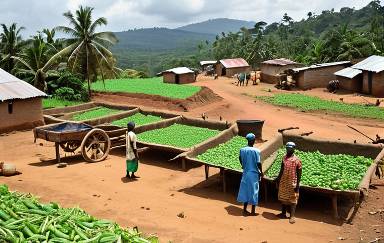 **
"A rural village in Sierra Leone, Kono district. Farmers are struggling, unable to access real-time market prices for their crops. Depict a scene of hardship and isolation, highlighting the lack of internet connectivity. Focus on the contrast between traditional farming methods and the potential for modern technology."
**