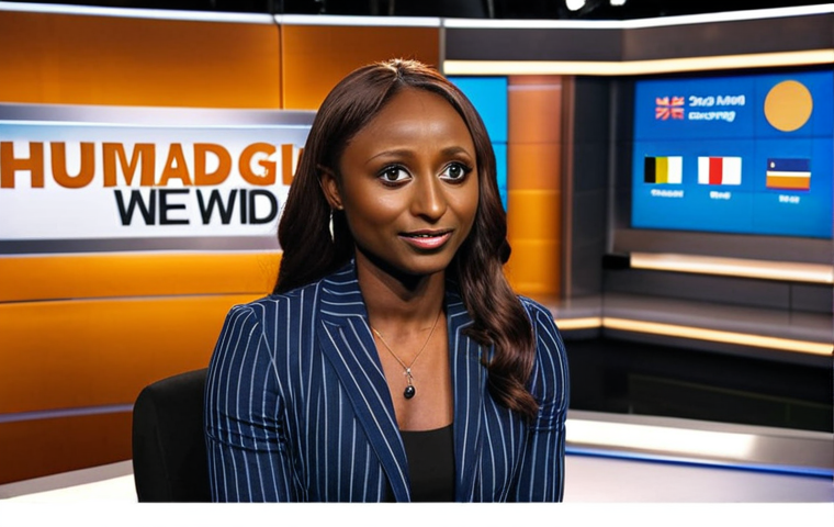 A compelling portrait of journalist Isha Sesay, conveying deep empathy and wisdom. She stands at a global news desk, with subtle, vibrant African cultural elements and diverse faces in the background, symbolizing her dedication to humanizing forgotten crises. Warm, soft light illuminates her, representing truth and clarity, as if her voice is bringing hidden stories to light. The atmosphere is one of profound connection and insightful storytelling.