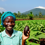 A young, optimistic Sierra Leonean female farmer, fully clothed in modest, practical work attire, stands proudly in a vibrant green cacao field under a clear sky. She is holding a freshly harvested cacao pod, with a gentle smile. In the background, hints of sustainable farming practices are visible, such as well-maintained crops and a simple, clean rural community building. The scene conveys prosperity and hope, emphasizing agricultural innovation and local empowerment. safe for work, appropriate content, professional, fully clothed, perfect anatomy, correct proportions, natural pose, well-formed hands, proper finger count, natural body proportions, professional photography, high quality.