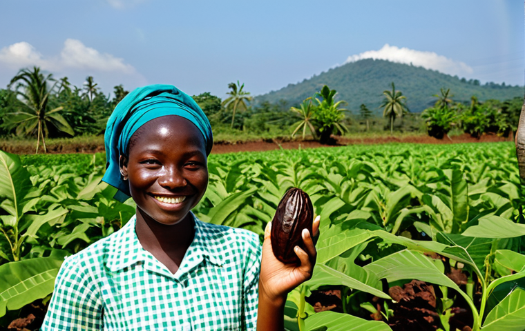 A young, optimistic Sierra Leonean female farmer, fully clothed in modest, practical work attire, stands proudly in a vibrant green cacao field under a clear sky. She is holding a freshly harvested cacao pod, with a gentle smile. In the background, hints of sustainable farming practices are visible, such as well-maintained crops and a simple, clean rural community building. The scene conveys prosperity and hope, emphasizing agricultural innovation and local empowerment. safe for work, appropriate content, professional, fully clothed, perfect anatomy, correct proportions, natural pose, well-formed hands, proper finger count, natural body proportions, professional photography, high quality.