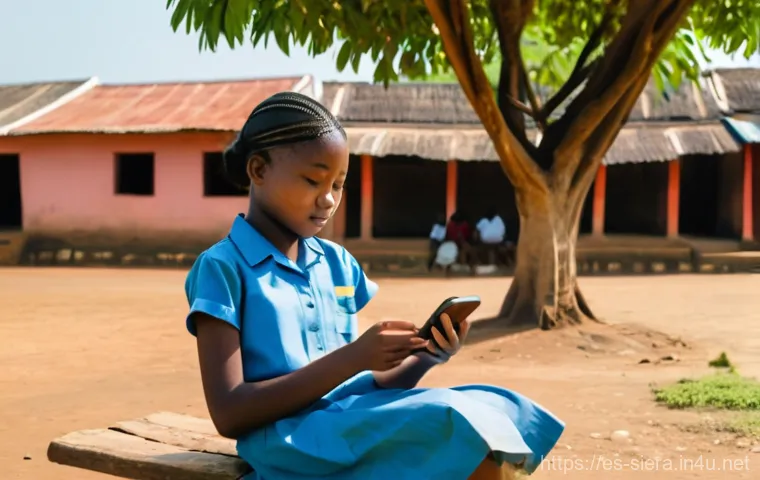 시에라리온 스마트폰 사용률 - **Prompt:** A young, focused Sierra Leonean student, approximately 16-18 years old, dressed in a cle...