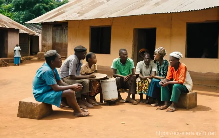 시에라리온 방송국 및 라디오 - **Community Listening Circle:** A warm and inviting scene in a rural Sierra Leonean village. A diver...
