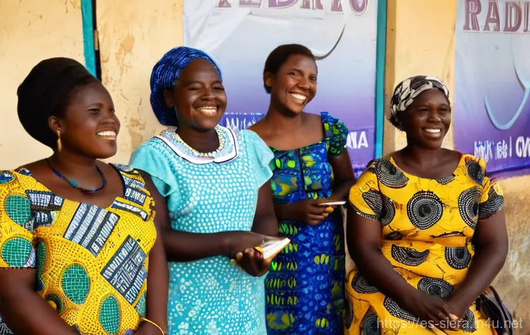 시에라리온 방송국 및 라디오 - **Community Listening Circle:** A warm and inviting scene in a rural Sierra Leonean village. A diver...