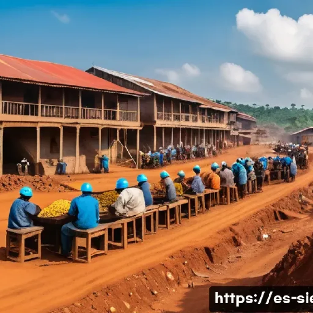 시에라리온 광산업 영향 - A vibrant rural mining community in Sierra Leone, featuring miners in protective gear working at an ...