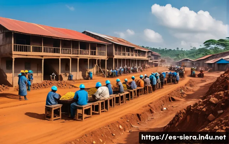 시에라리온 광산업 영향 - A vibrant rural mining community in Sierra Leone, featuring miners in protective gear working at an ...