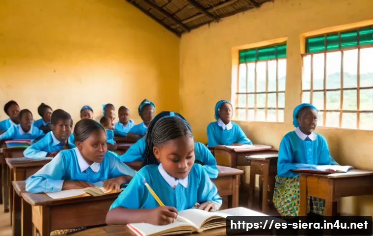 시에라리온 여성 권리 상황 - A vibrant rural classroom scene in Sierra Leone showing young girls wearing modest school uniforms, ...