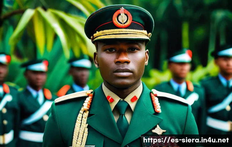 시에라리온 줄리어스 마다 비오 - A detailed portrait of a young African military officer in Sierra Leone, dressed in a crisp, formal ...