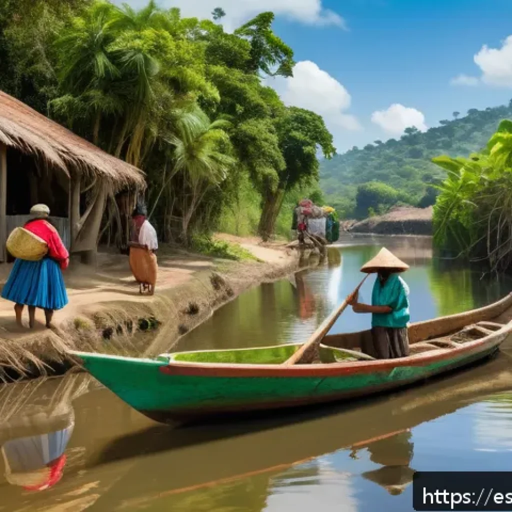 시에라리온 태이 강 - A vibrant riverside scene in a rural Latin American village, showing local fishermen in traditional ...