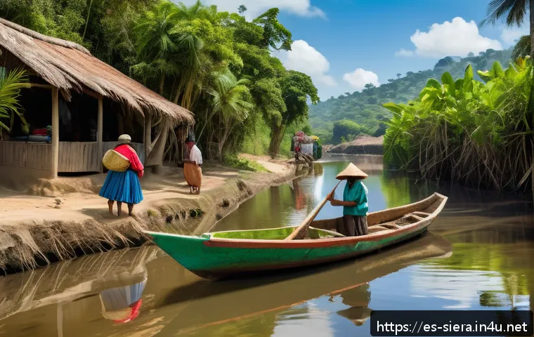 시에라리온 태이 강 - A vibrant riverside scene in a rural Latin American village, showing local fishermen in traditional ...