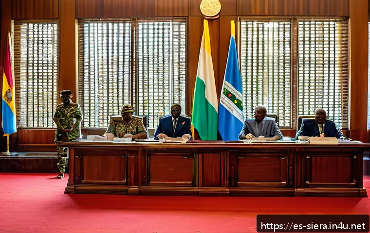 시에라리온 정부 구조 - A detailed scene of Sierra Leone’s presidential office interior during a policy meeting, featuring t...