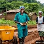 시에라리온 다이아몬드 산업 - A vibrant rural mining community in Sierra Leone during daylight, featuring artisanal miners includi...