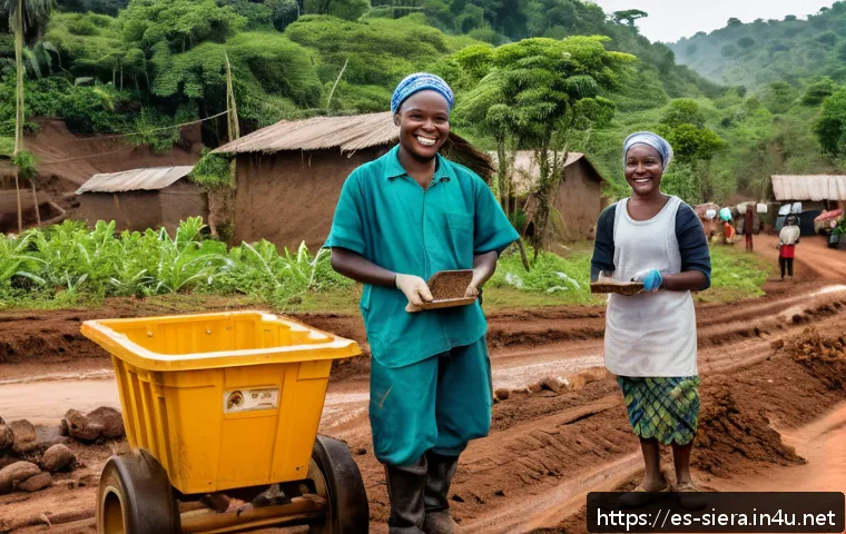 시에라리온 다이아몬드 산업 - A vibrant rural mining community in Sierra Leone during daylight, featuring artisanal miners includi...