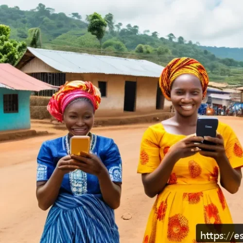 시에라리온 모바일 뱅킹 발전 - A vibrant rural Sierra Leone village scene showing a diverse group of people using mobile phones for...