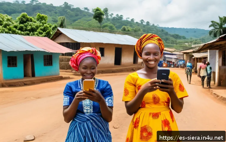 시에라리온 모바일 뱅킹 발전 - A vibrant rural Sierra Leone village scene showing a diverse group of people using mobile phones for...
