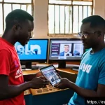 시에라리온 주요 신문사 - A vibrant newsroom in Sierra Leone blending traditional and digital media elements: diverse journali...