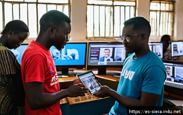 시에라리온 주요 신문사 - A vibrant newsroom in Sierra Leone blending traditional and digital media elements: diverse journali...