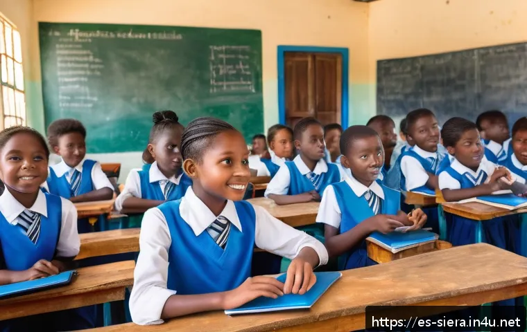 시에라리온 인터넷 보급률 - A bright, vibrant classroom in a rural Sierra Leone school, filled with eager students wearing schoo...
