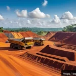 시에라리온 투자 기회 - A vibrant mining site in Sierra Leone featuring workers wearing protective gear and safety helmets, ...