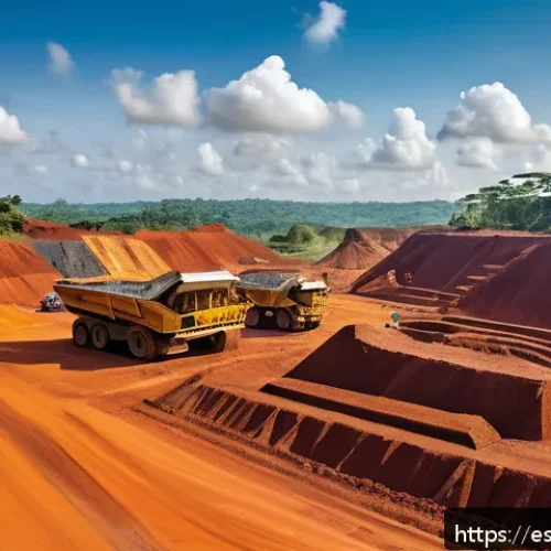 시에라리온 투자 기회 - A vibrant mining site in Sierra Leone featuring workers wearing protective gear and safety helmets, ...