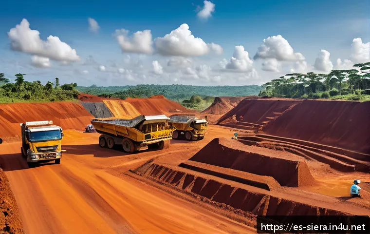시에라리온 투자 기회 - A vibrant mining site in Sierra Leone featuring workers wearing protective gear and safety helmets, ...