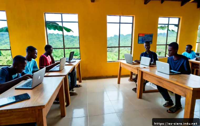 시에라리온 기술 발전 상황 - Photorealistic wide-angle scene inside a modern community technology hub in Freetown, Sierra Leone, ...